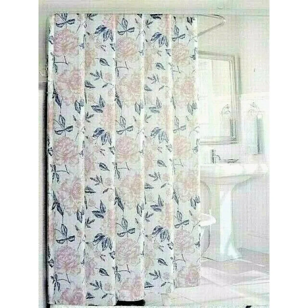 Floral Fabric Bathroom Shower Curtain Flowers Mauve Navy Blue Leaves on White